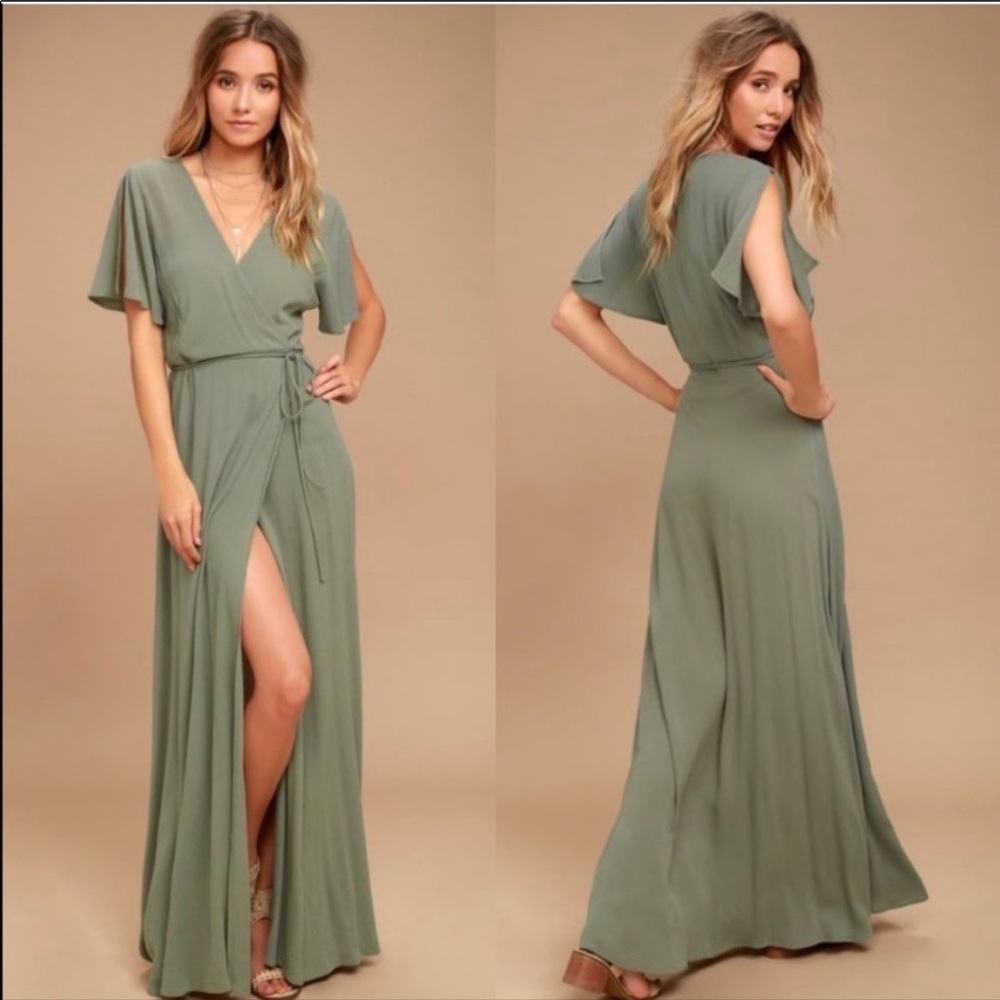 Lulu’s Much Obliged Washed Green Wrap Maxi Dress